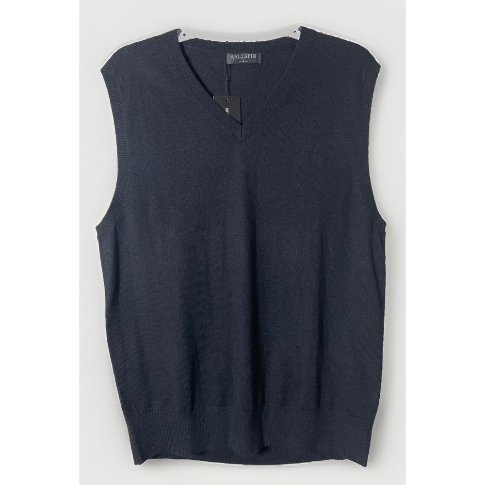 Kallspin Black Cashmere Wool Blend V Neck Pullover Sweater Vest Men's Medium NWT